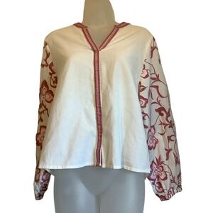 Calypso‎ St Barth Womens Med Cotton Flax Embroidered Floral Balloon Sleeve Top